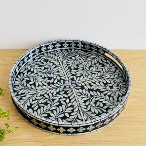 Luxury <b>Black</b> Vine Pattern Round Mother Of Pearl Inlay Kitchen Food Dessert <b>Serving</b> <b>Tray</b> Wholesale - Product Image 1