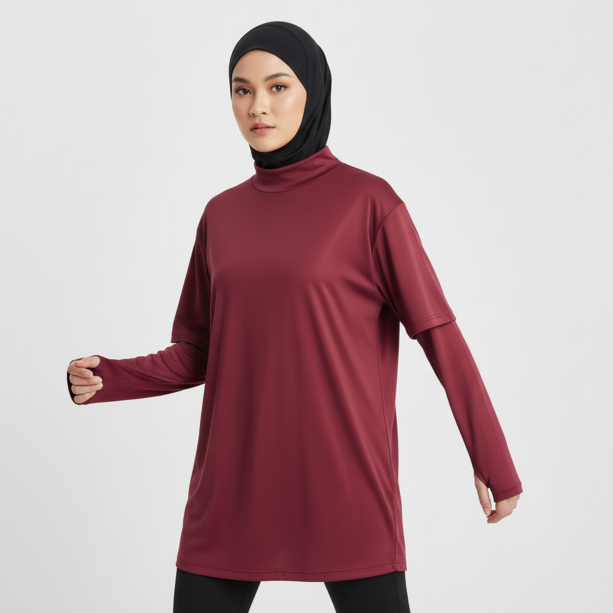 Modest Muslim Women's Breathable Quick-Dry Activewear Shirt UPF50+ Long Sleeve Thumbhole Design 100% Polyester Sports Gym