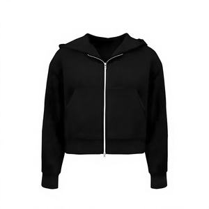 Sudadera Corta con Capucha y Cierre de Cremallera Unisex Negra, Corte Regular, Felpa Francesa, Ropa Casual de Invierno, Color Sólido, Tejido de Punto, Manga Larga, 100% - Product Image 1