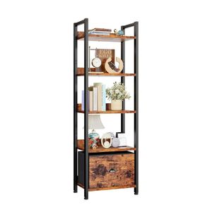 Étagère rustique à 4 niveaux avec tiroir, étagères en bois, organisateur de rangement étroit et haut, bibliothèque en bois et métal pour chambre à coucher et salon - Product Image 1