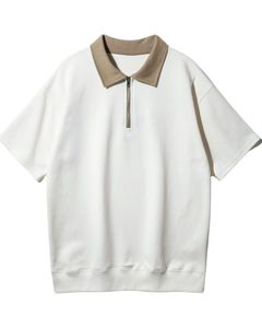 Sudadera Polo de Manga Corta para Hombre con Media Cremallera, Blanca con Cuello Caqui, Casual, Fabricante OEM al por Mayor - Product Image 1