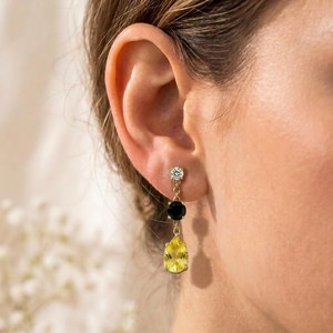 Lemon Quartz & Black Obsidian Drop <b>Earrings</b> Pear Oval CZ Accent Minimalist Dangle <b>Studs</b> Sterling <b>Silver</b> Jewelry Gift For Her - Product Image 2