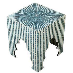Meuble artisanal vietnamien haut de gamme en coquillages, table carrée bleue et blanche en capiz, décoration intérieure moderne pour maison de style côtier - Product Image 1