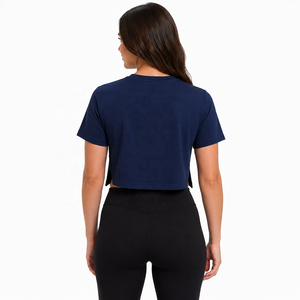 Camiseta Corta Azul Marino para Mujer, Cuello Redondo, Corte Regular, Color Sólido, Tela Jersey Transpirable, Ropa Casual de Verano - Product Image 3