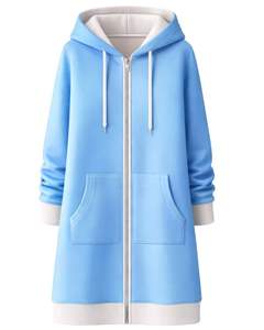 Sudadera con capucha larga azul cielo para mujer, de forro polar, con cremallera, para otoño e invierno, con bolsillos canguro, informal, OEM, personalizada, al por mayor - Product Image 3