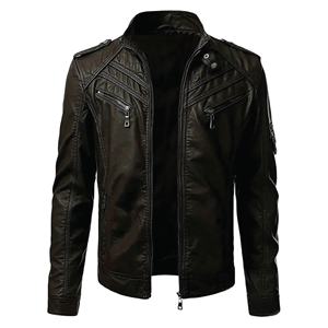 Veste de moto en cuir PU pour homme, col montant, fermeture éclair, couleur unie, coupe ajustée, longueur normale, hiver, séchage rapide, respirante - Product Image 6