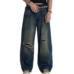 Jean large pour homme en denim déchiré, coupe ample, taille mi-haute, style hip-hop streetwear, en coton tissé pour l'automne - Product Image 3