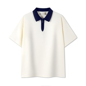 Chemise décontractée pour femme, bleu marine, à manches courtes, col blanc, fermeture éclair, tricotée, respirante, 100 % coton, couleur unie, longueur standard - Product Image 3