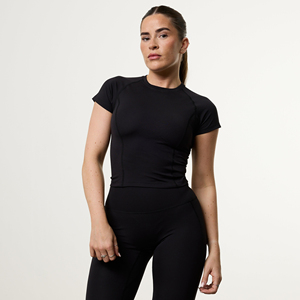 Top Corto Deportivo Negro para Mujer, Cuello Redondo, Fruncido, Tejido Elástico de Poliéster y Spandex, Transpirable, Color Sólido, Manga Corta - Product Image 6