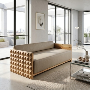 Dice Double <b>Sofa</b> Modern <b>Wooden</b> Two Seater Couch With 3D Geometric Carved Armrest Luxury Minimalist Home Living Room Furniture - Product Image 3