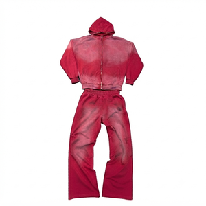 Custom Vintage Cotton Jogging Set Zip up Acid Wash Tracksuit Streetwear Hoodie and Straight Leg <b>Flared</b> Sweatpants <b>Men</b> & Women - Product Image 1