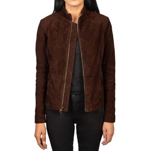 Women Dark Brown Genuine <b>Suede</b> Leather Biker <b>Jacket</b> Slim Fit Premium Goat <b>Suede</b> Casual Winter Outerwear Fashionable Coat - Product Image 1
