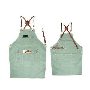 Tablier en toile personnalisé avec logo pour bar à expresso, bretelles croisées en cuir, uniforme professionnel anti-salissures pour barista et ouvrier de bar - Product Image 2