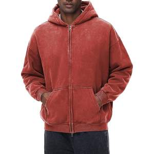 Sweat à capuche délavé à l'acide 100% coton mélangé, brodé, teint uni, épaules tombantes, avec fermeture éclair intégrale, coupe ample vintage pour l'hiver 2026 - Product Image 1