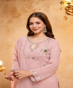 <b>Women</b> Traditional Pink Silk Embroidered Vintage Quick Dry Regular Fit Regular All Seasons Wedding Ethnic Wear <b>Kurta</b> Set India - Product Image 2