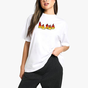 Cheap Price Women's White Oversized T-<b>Shirt</b> Crew Neck Short Sleeve <b>Flame</b> Logo Print Loose Fit 100% Cotton Jersey Casual Style - Product Image 1