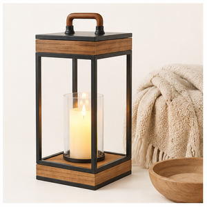 Modern Wood & Metal Candle <b>Lantern</b> <b>Large</b> Decorative Pillar Holder with Hurricane Glass for Tabletop Centerpiece & Outdoor Decor - Product Image 2