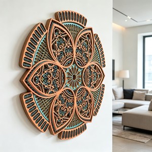 Aqdus Saleem Décoration murale contemporaine en bois de teck artisanal superposé avec mandala et patine de cuivre 50x50x6 cm - Vente en gros - Product Image 1