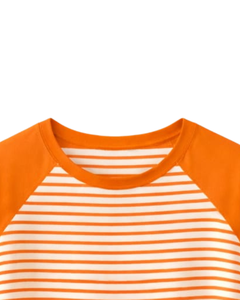เสื้อยืดแร็กแลนลายทางสีส้มขาว ผ้าฝ้าย ใส่สบายๆ ในฤดูร้อน แขนเสื้อตัดกัน คอกลม รับผลิตแบบ OEM จากผู้ผลิต - Product Image 5