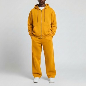 Conjunto Deportivo de Felpa Transpirable Color Amarillo Mostaza, Talla Grande, Sudadera con Cierre Completo, Pantalones Deportivos de Corte Regular, Ropa Casual de Calle para Invierno - Product Image 1