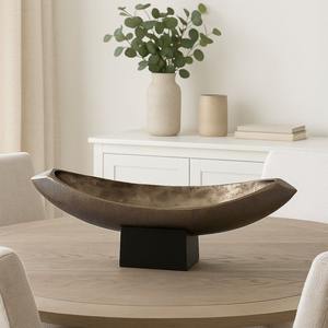 Moderna Tazón Decorativa de Bronce con Forma de Barco, Base de Pedestal Negra, Centro de Mesa Ecológico para Fiestas, Elegante y Ovalado Alargado - Product Image 6