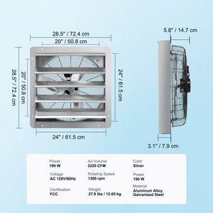 Ventilatore da Soffitta a Parete in Alluminio da 24FT ad Alta Velocità 3320 CFM con Motore AC e Serranda, per Ventilazione e Raffreddamento, Verde - Product Image 6