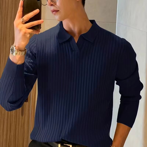Polo de Manga Larga para Hombre, Cuello en V, Corte Ajustado, Sin Botones, Tejido Texturizado, Color Sólido, Estilo Casual - Product Image 1