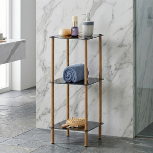 OEM 3-Tier Metal Bath <b>Corner</b> Shelf Wood Grain Finish Modern Design Style Easy Assembly <b>Standing</b> Type Bathroom - Product Image 1