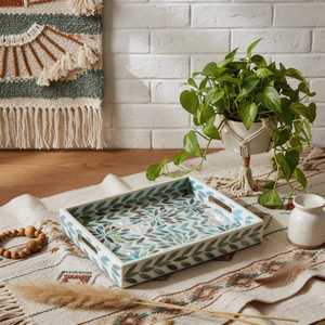 Plateau de service rectangulaire en nacre incrustée, motif feuille mosaïque, fait main, design moderne et luxueux, passe au lave-vaisselle, plateau décoratif - Product Image 1
