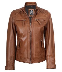 Chaqueta de cuero genuino para mujer, estilo motero vintage, de piel de oveja encerada, con hombros acolchados, estilo Cafe Racer, corte ajustado, para mujer - Product Image 1