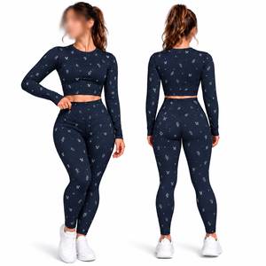 Women's 2 Piece Yoga Set <b>Navy</b> Blue Floral Print Long Sleeve <b>Crop</b> Top High Waist Full Length <b>Leggings</b> Four-Way Stretch - Product Image 1