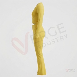 Women Yellow Long Sleeve V Neck Crop Top <b>High</b> <b>Waist</b> <b>Flared</b> <b>Leggings</b> Yoga 2 Piece Set - Product Image 3