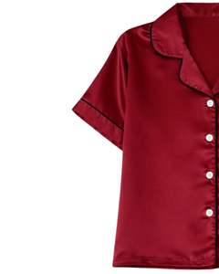 Ensemble de pyjama pour femme en satin rouge personnalisé, manches courtes, boutonné, style soie, deux pièces, ensemble de shorts de nuit, vêtements de détente - Product Image 4