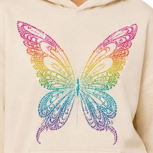 Sweat à capuche personnalisé blanc avec strass papillon arc-en-ciel pour femme, pull oversize en polaire, streetwear décontracté d'hiver - Product Image 2