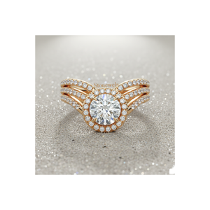 Bague de fiançailles vintage Cascade Diamond Halo plaquée or rose avec sertissage à griffes certifié - Product Image 1