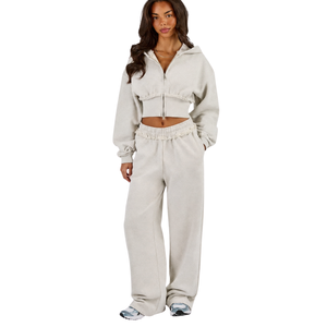 Conjunto de chándal corto con capucha y cremallera completa para mujer, pantalones de pierna ancha con cintura con cordón, conjunto de dos piezas relajado, ropa casual de calle y descanso. - Product Image 1