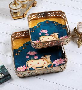 En gros, ensemble de plateaux et pots en corne Pichwai, faits main, au toucher réel, motif animalier indien, pour cadeau de remerciement - Product Image 5