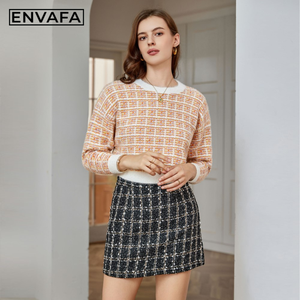 Pull tricoté décontracté coloré à col rond pour femme, pull court d'automne à manches longues, anti-plis, respirant, color block, personnalisé - Product Image 3