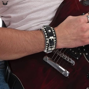 For Wholesale Rate New Trendy Product Black PU Leather Bracelet with Metal Studs and Chain Detail Fashion Wristband For <b>Men</b> - Product Image 6