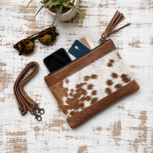 Cowhide Leather Clutch Pouch Brown White Hairon <b>Wristlet</b> Bag With Tassel Zipper Travel Wallet Purse Crossbody Strap - Product Image 2