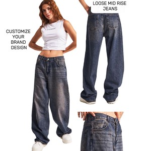 Personalizado XL azul algodón Denim cintura alta pierna recta relajado lavado rígido Jeans pantalones mujeres marca personalizada Skinny Casual - Product Image 2
