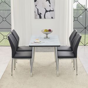 Set da Pranzo con Tavolo in Vetro Effetto Marmo Bianco e Base in MDF, Gambe Affusolate in Metallo Argento, 4 Sedie Abbinate - Product Image 5