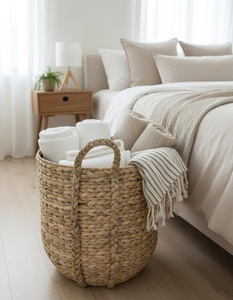 Woven Water Hyacinth Eco-Friendly Modern Laundry <b>Basket</b> with Handle Storage Hamper for Living Room <b>Bathroom</b> Home Organization - Product Image 1
