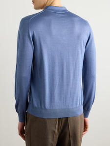 เสื้อโปโลแขนยาวผู้ชาย ทรงเข้ารูป สีน้ำเงิน ผ้าฝ้าย สวมใส่สบาย เหมาะสำหรับธุรกิจและลำลอง คอปกและปลายแขนเสื้อแบบริบ ผ้าถักเนื้อนุ่มอย่างดี - Product Image 3
