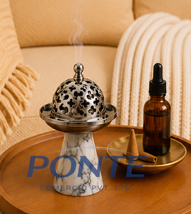Silver Metal Incense Burner with Natural Marble Base Modern Arabic Bakhoor Holder & <b>Decorative</b> Oud Censer For Home Fragrance - Product Image 4