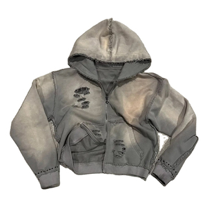 Sweat-shirt zippé à capuche oversize pour homme, gris uni, en coton lavé, tricoté, coupe courte, style streetwear, pour l'automne, coupe classique - Product Image 1