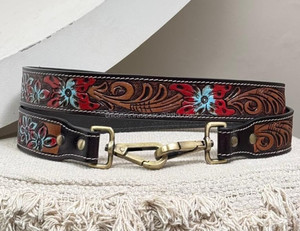 Brand New 2025 Red & Teal Floral Accent Hand Tooled <b>Leather</b> <b>Guitar</b> <b>Strap</b> with Western Style Adjustable <b>Strap</b> for Acoustic <b>Guitar</b> - Product Image 6