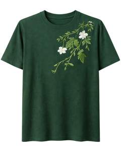 Dark Green Womens Floral Embroidery T Shirt Soft Cotton Crew Neck Casual Short Sleeve Summer <b>Top</b> Lightweight Comfortable Tee - Product Image 1