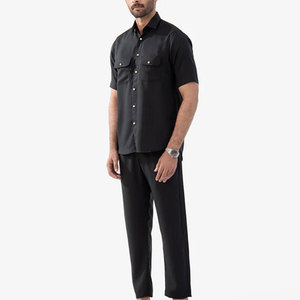 Men's Resort Wear Matching Shirt Trousers Set 100% Cotton Solid <b>Elastic</b> Waist Breathable Lightweight Summer Casual Fashion - Product Image 1