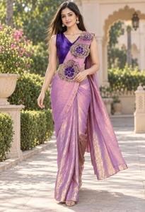 KV Women's Ready to Wear Embroidered Pre Draped Silk Blend <b>Saree</b> Reversible Quick Dry Wrinkle Free Unstitched Blouse (<b>Purple</b>) - Product Image 2